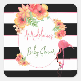 Tropical Flamingo Roze Zwart Streep Baby shower Vierkante Sticker