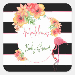 Tropical Flamingo Roze Zwart Streep Baby shower Vierkante Sticker