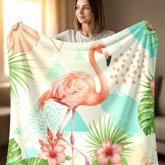 Tropical Flamingo Watercolor & Geometric Pattern Fleece Deken