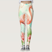 Tropical Flamingo Watercolor & Geometric Pattern Leggings (Voorkant)