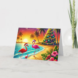 Tropical Flamingos on Beach Christmas Holiday Card Feestdagen Kaart