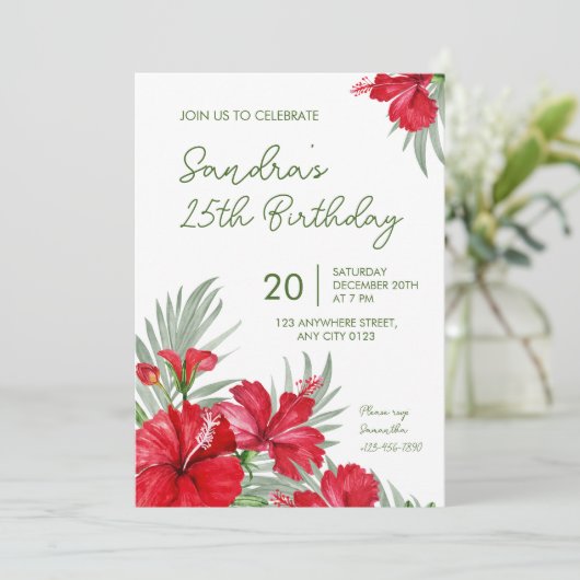 Tropical Floral 25th Birthday Invitation Kaart (Staand voorkant)