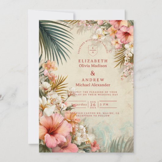 Tropical Floral Destination Wedding Kaart (Voorkant)