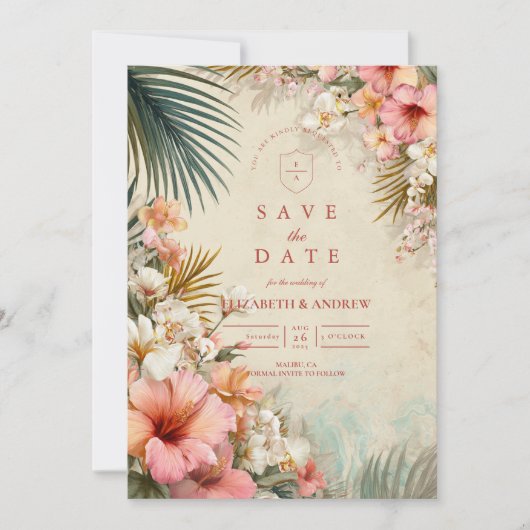 Tropical Floral Destination Wedding Save The Date (Voorkant)