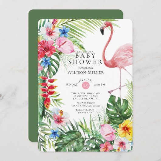 Tropical Floral Flamingo Baby shower Uitnodiging (Voorkant / Achterkant)