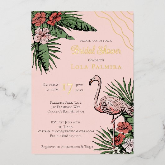 Tropical Floral Flamingo Coral Vrijgezellenfeest G Folie Uitnodiging (Voorkant)