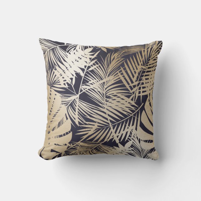 Tropical Floral Gold en Navy Blue Kussen (Voorkant)