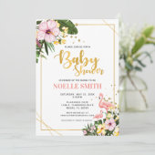Tropical Floral Gold Flamingo Baby shower Kaart (Staand voorkant)