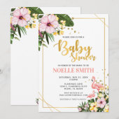 Tropical Floral Gold Flamingo Baby shower Kaart (Voorkant / Achterkant)
