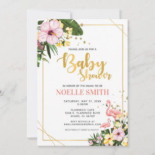 Tropical Floral Gold Flamingo Baby shower Kaart