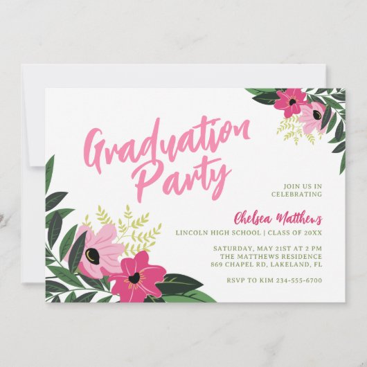 Tropical Floral Graduation Party Uitnodiging (Voorkant)