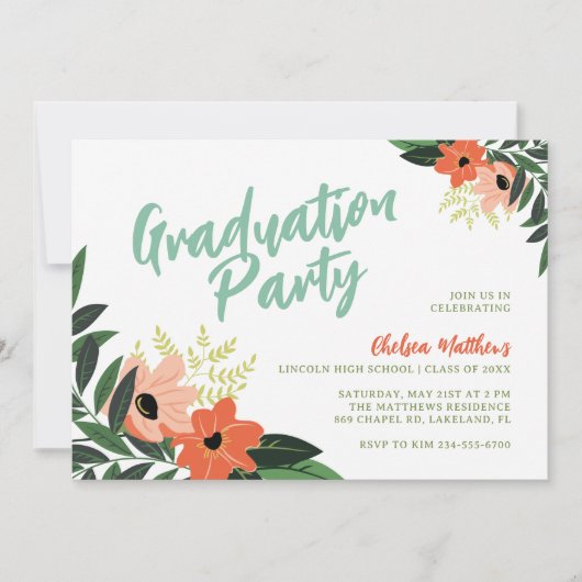 Tropical Floral Graduation Party Uitnodiging (Voorkant)