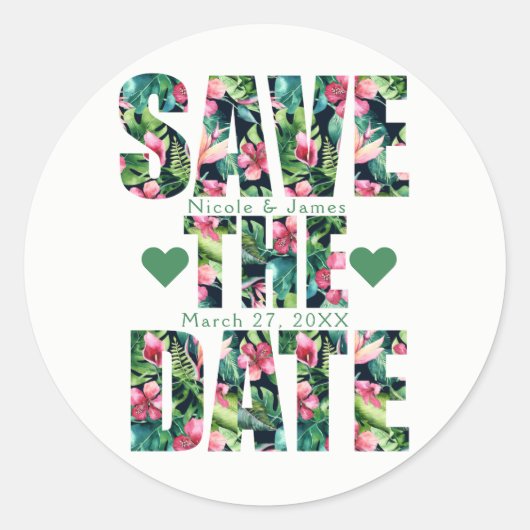 Tropical Floral Hawaiian SAVE THE DATE Custom Ronde Sticker (Voorkant)