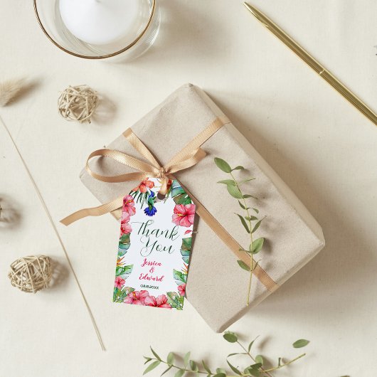 Tropical Floral Hibiscus Waterverf Dank u Cadeaulabel