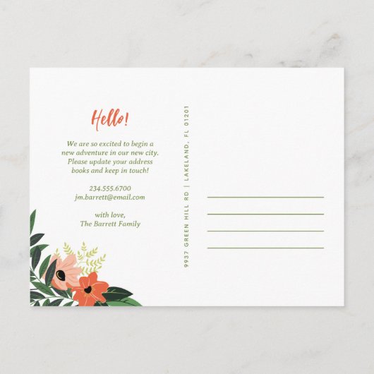 Tropical Floral Nieuw Adres Briefkaart | koraal (Achterkant)