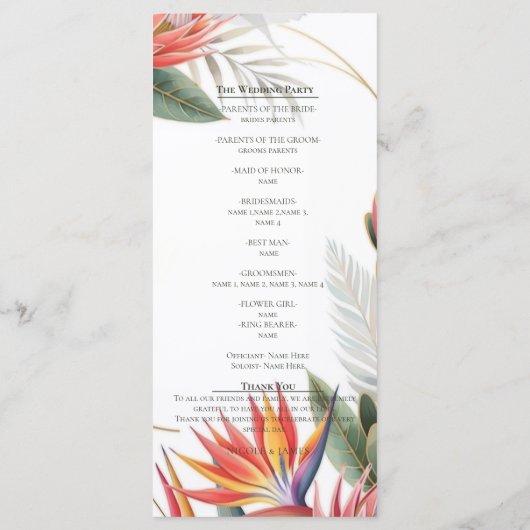 Tropical Floral Paradise Botanical Wedding Program Menu (Achterkant)