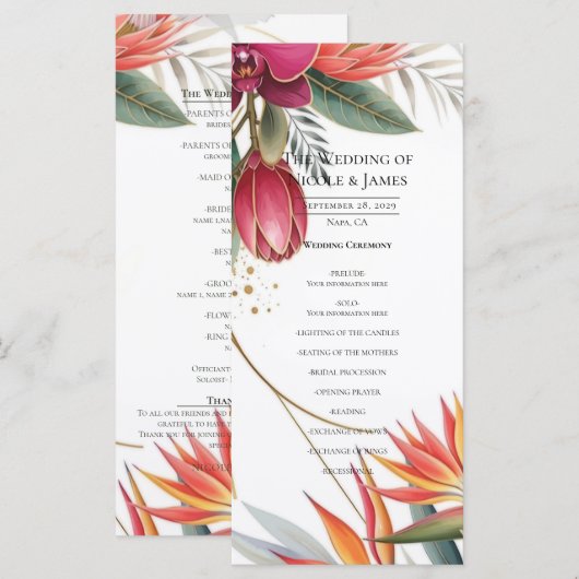 Tropical Floral Paradise Botanical Wedding Program Menu (Voorkant / Achterkant)
