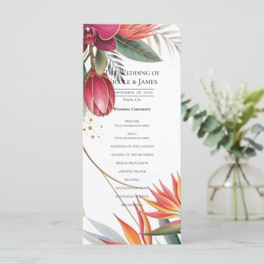 Tropical Floral Paradise Botanical Wedding Program Menu (Staand voorkant)