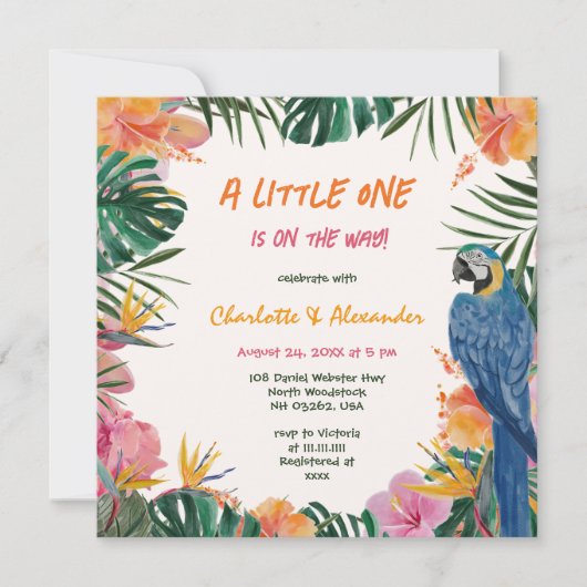 Tropical Floral Parrot Waterverf Baby shower Kaart (Voorkant)