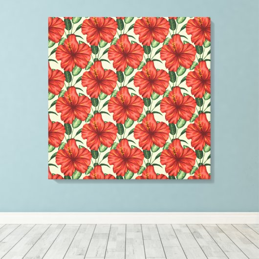 Tropical floral seamless pattern red flowers canvas afdruk (Insitu (Houten vloer))