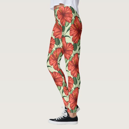 Tropical floral seamless pattern red flowers leggings (Links)