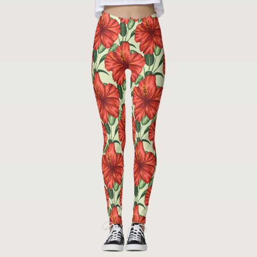 Tropical floral seamless pattern red flowers leggings (Voorkant)