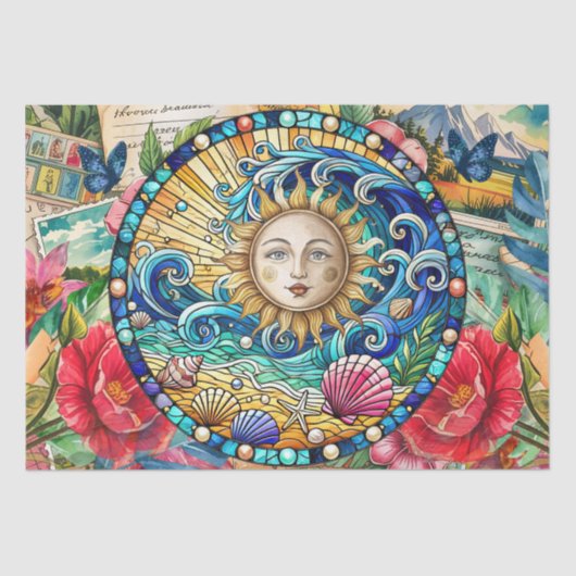 Tropical Floral Stained Glass Sun Face Decoupage Tissuepapier (Voorkant)
