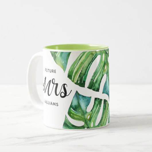 Tropical Floral Waterverf Future Mrs. Calligraphy Tweekleurige Koffiemok (Voorkant links)