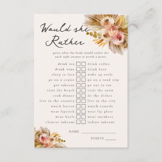 Tropical Floral  Wil ze liever? Spel Informatiekaartje (Voorkant)