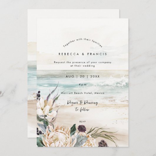 Tropical Florals Protea Beach bruiloft uitnodiging (Voorkant / Achterkant)