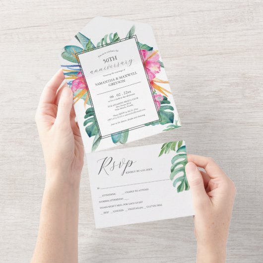 Tropical Flower 50th Wedding Jubileum All In One Uitnodiging (Afscheurbaar)