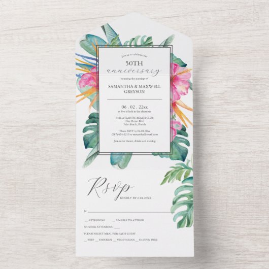 Tropical Flower 50th Wedding Jubileum All In One Uitnodiging (Binnen)