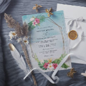 Tropical Flower Beach Elegant QR Code Wedding Kaart