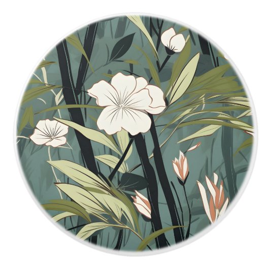 Tropical Flower Chinoiserie Asian Dusty Teal Print Keramische Knop (Voorkant)