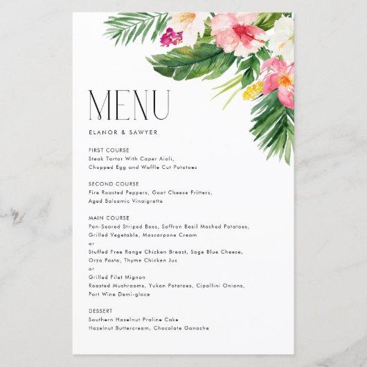 Tropical Flowers and Greenery Summer Menu Kaart (Voorkant)
