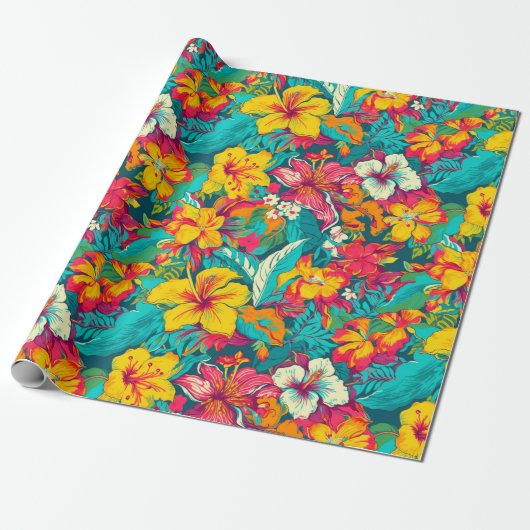 Tropical Flowers and Leaves Pattern Cadeaupapier (Uitgerold)