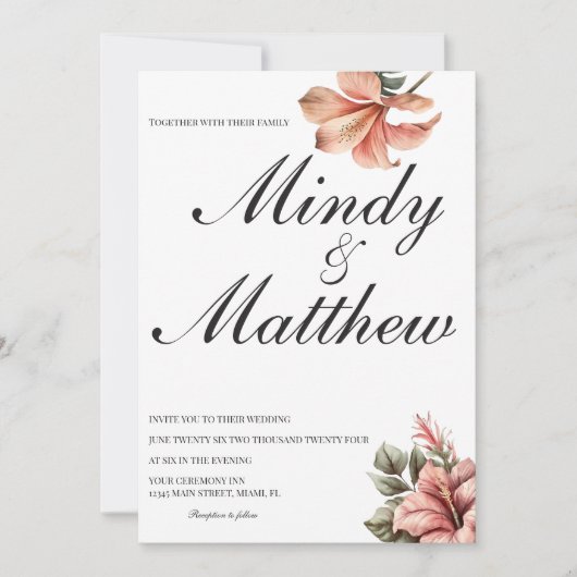Tropical Flowers Black and White Script Wedding Kaart (Voorkant)