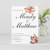 Tropical Flowers Black and White Script Wedding Kaart (Staand voorkant)
