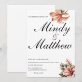 Tropical Flowers Black and White Script Wedding Kaart (Voorkant / Achterkant)