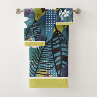 Tropical Flowers Blauwgroen, Goud, Burgandy, Zwart Bad Handdoek