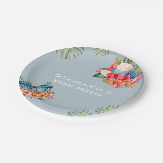 Tropical Flowers Blue Beach Vrijgezellenfeest Papieren Bordje (Gekanteld)