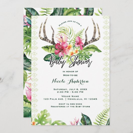 Tropical Flowers Boho Rustic Antler Baby shower Kaart (Voorkant / Achterkant)