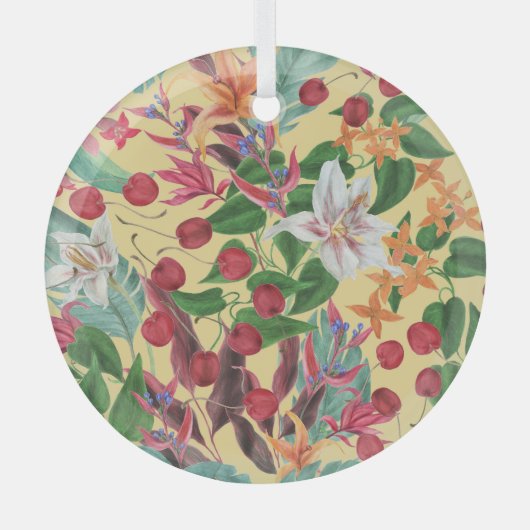 Tropical Flowers Cherry: Waterverf Naadloze Patte Glas Ornament (Voorkant)