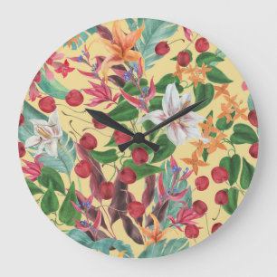 Tropical Flowers Cherry: Waterverf Naadloze Patte Grote Klok