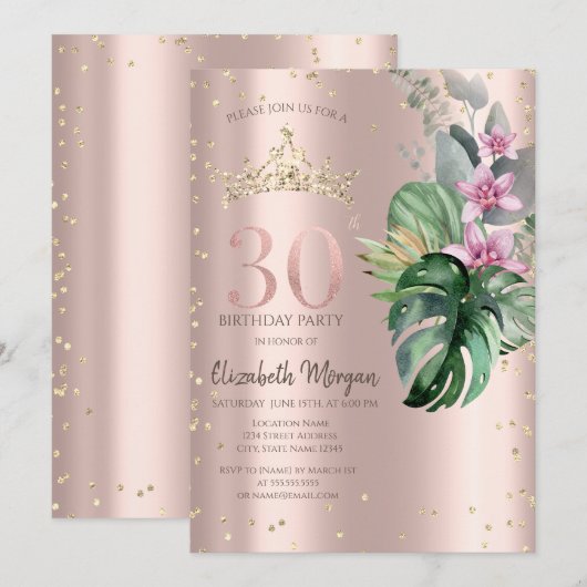 Tropical Flowers Diamonds Roos Gold 30e verjaardag Kaart (Voorkant / Achterkant)