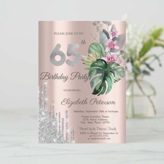 Tropical Flowers Drips Roos Gold 65th Kaart (Staand voorkant)