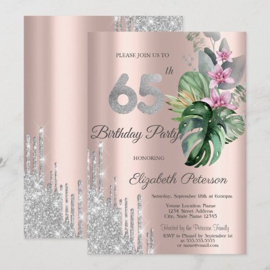 Tropical Flowers Drips Roos Gold 65th Kaart (Voorkant / Achterkant)