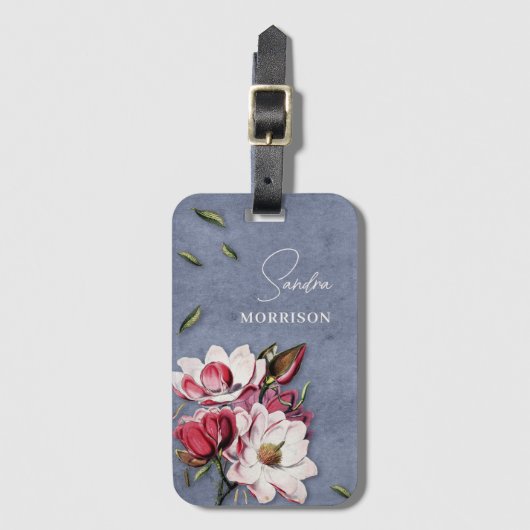 Tropical Flowers Dusty Blue Monogram Name Bagagelabel (Voorkant (verticaal))