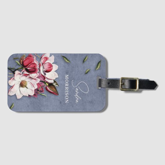 Tropical Flowers Dusty Blue Monogram Name Bagagelabel (Voorkant (horizontaal))