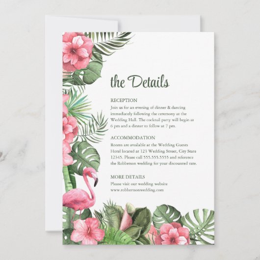 Tropical Flowers en Flamingo Wedding Details Kaart (Voorkant)